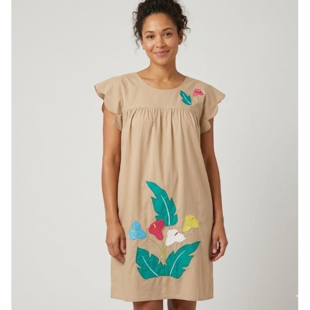 Vintage Tan‎ Floral Applique Shift Mumu Dress Short Sleeve Pockets Tan M - Picture 3 of 9